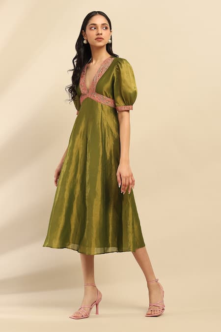 Ritu Kumar, Ri.Ritu Kumar, aarke Ritu Kumar Green Polyester Embroidery V-neck Paisley Midi Dress Online at Aza Fashions Ritu Kumar, Ri.Ritu Kumar, aarke Ritu Kumar_Green Polyester Embroidery V-neck Paisley Midi Dress_Online_at_Aza_Fashions