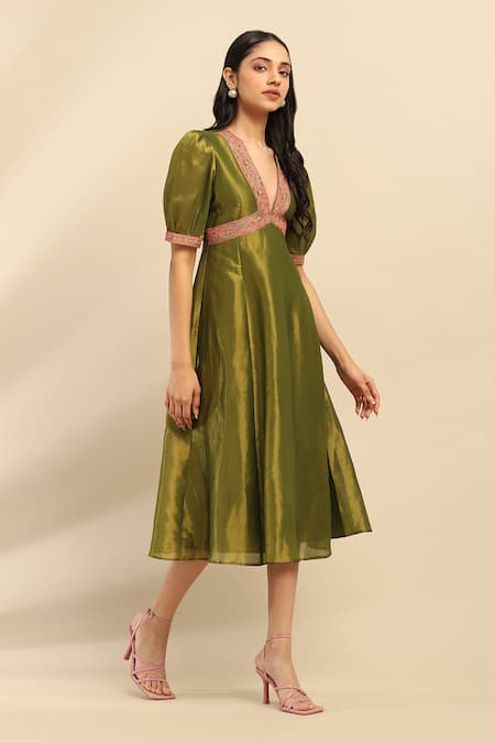 Buy Ritu Kumar, Ri.Ritu Kumar, aarke Ritu Kumar Green Polyester Embroidery V-neck Paisley Midi Dress Online at Aza Fashions Buy_Ritu Kumar, Ri.Ritu Kumar, aarke Ritu Kumar_Green Polyester Embroidery V-neck Paisley Midi Dress_Online_at_Aza_Fashions