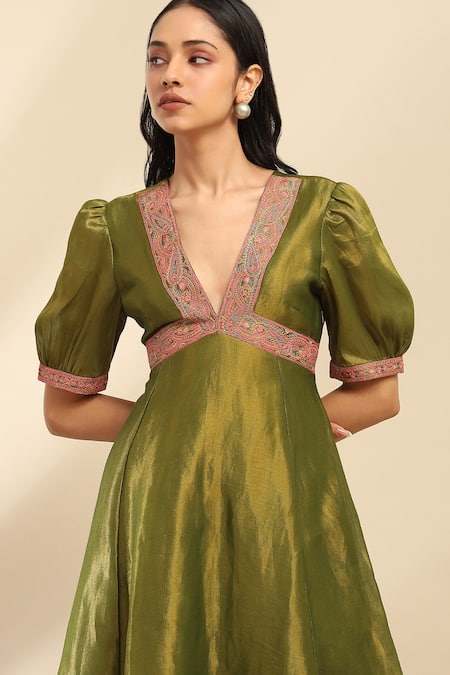 Shop Ritu Kumar, Ri.Ritu Kumar, aarke Ritu Kumar Green Polyester Embroidery V-neck Paisley Midi Dress Online at Aza Fashions Shop_Ritu Kumar, Ri.Ritu Kumar, aarke Ritu Kumar_Green Polyester Embroidery V-neck Paisley Midi Dress_Online_at_Aza_Fashions