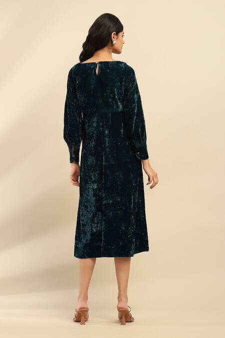 Shop Ritu Kumar, Ri.Ritu Kumar, aarke Ritu Kumar Green Polyester Embroidery Round Neck Floral Teal Midi Dress at Aza Fashions Shop_Ritu Kumar, Ri.Ritu Kumar, aarke Ritu Kumar_Green Polyester Embroidery Round Neck Floral Teal Midi Dress_at_Aza_Fashions