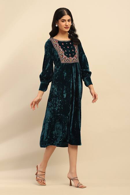 Buy Ritu Kumar, Ri.Ritu Kumar, aarke Ritu Kumar Green Polyester Embroidery Round Neck Floral Teal Midi Dress Online at Aza Fashions Buy_Ritu Kumar, Ri.Ritu Kumar, aarke Ritu Kumar_Green Polyester Embroidery Round Neck Floral Teal Midi Dress_Online_at_Aza_Fashions