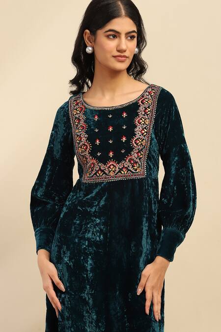 Shop Ritu Kumar, Ri.Ritu Kumar, aarke Ritu Kumar Green Polyester Embroidery Round Neck Floral Teal Midi Dress Online at Aza Fashions Shop_Ritu Kumar, Ri.Ritu Kumar, aarke Ritu Kumar_Green Polyester Embroidery Round Neck Floral Teal Midi Dress_Online_at_Aza_Fashions
