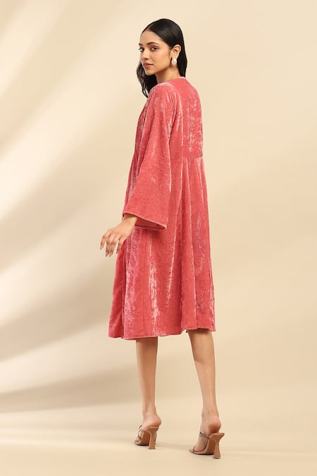 Shop Ritu Kumar, Ri.Ritu Kumar, aarke Ritu Kumar Pink Polyester Embroidery V-neck Dusky Yoke Dress at Aza Fashions Shop_Ritu Kumar, Ri.Ritu Kumar, aarke Ritu Kumar_Pink Polyester Embroidery V-neck Dusky Yoke Dress_at_Aza_Fashions