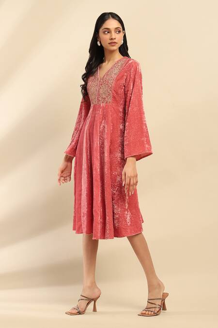Ritu Kumar, Ri.Ritu Kumar, aarke Ritu Kumar Pink Polyester Embroidery V-neck Dusky Yoke Dress Online at Aza Fashions Ritu Kumar, Ri.Ritu Kumar, aarke Ritu Kumar_Pink Polyester Embroidery V-neck Dusky Yoke Dress_Online_at_Aza_Fashions