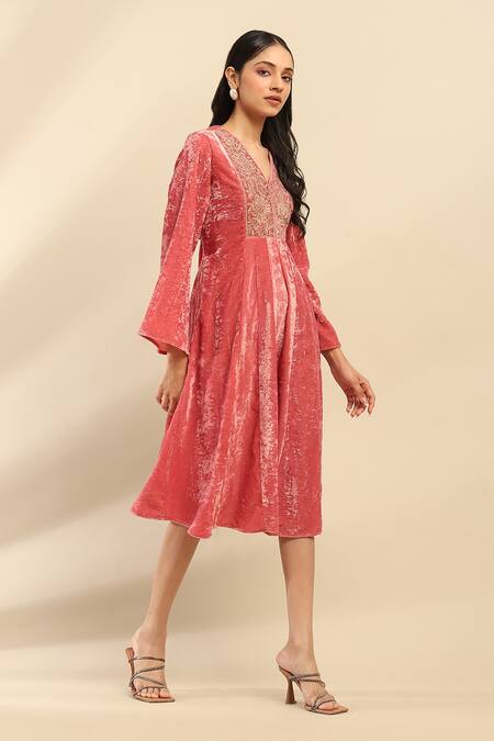 Buy Ritu Kumar, Ri.Ritu Kumar, aarke Ritu Kumar Pink Polyester Embroidery V-neck Dusky Yoke Dress Online at Aza Fashions Buy_Ritu Kumar, Ri.Ritu Kumar, aarke Ritu Kumar_Pink Polyester Embroidery V-neck Dusky Yoke Dress_Online_at_Aza_Fashions