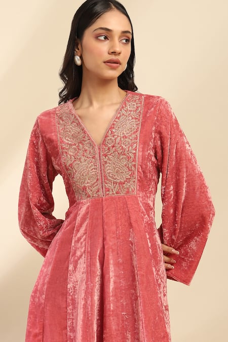Shop Ritu Kumar, Ri.Ritu Kumar, aarke Ritu Kumar Pink Polyester Embroidery V-neck Dusky Yoke Dress Online at Aza Fashions Shop_Ritu Kumar, Ri.Ritu Kumar, aarke Ritu Kumar_Pink Polyester Embroidery V-neck Dusky Yoke Dress_Online_at_Aza_Fashions