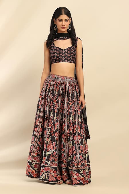 Ritu Kumar, Ri.Ritu Kumar, aarke Ritu Kumar Black Poly Dupion Print Floral Sweetheart Neck Lehenga Set 
