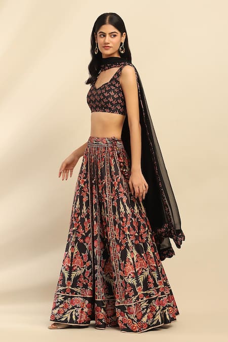Ritu Kumar, Ri.Ritu Kumar, aarke Ritu Kumar_Black Polyester Embroidery Sweetheart Neck Floral Print Lehenga Set_Online_at_Aza_Fashions
