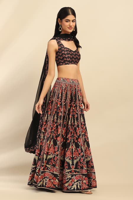Buy_Ritu Kumar, Ri.Ritu Kumar, aarke Ritu Kumar_Black Polyester Embroidery Sweetheart Neck Floral Print Lehenga Set_Online_at_Aza_Fashions