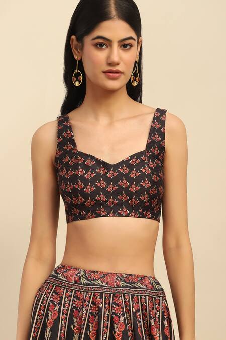 Shop_Ritu Kumar, Ri.Ritu Kumar, aarke Ritu Kumar_Black Polyester Embroidery Sweetheart Neck Floral Print Lehenga Set_Online_at_Aza_Fashions