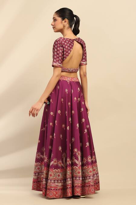 Shop Ritu Kumar, Ri.Ritu Kumar, aarke Ritu Kumar Purple Polyester Embroidery, Tassels V-neck Tribal Bud Bloom Lehenga Set at Aza Fashions Shop_Ritu Kumar, Ri.Ritu Kumar, aarke Ritu Kumar_Purple Polyester Embroidery, Tassels V-neck Tribal Bud Bloom Lehenga Set_at_Aza_Fashions