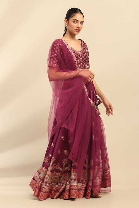 Ritu Kumar, Ri.Ritu Kumar, aarke Ritu Kumar Purple Polyester Embroidery, Tassels V-neck Tribal Bud Bloom Lehenga Set Online at Aza Fashions Ritu Kumar, Ri.Ritu Kumar, aarke Ritu Kumar_Purple Polyester Embroidery, Tassels V-neck Tribal Bud Bloom Lehenga Set_Online_at_Aza_Fashions
