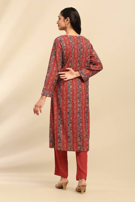 Shop Ritu Kumar, Ri.Ritu Kumar, aarke Ritu Kumar Red Cotton, Rayon Embroidery Round Neck Damask Bloom Print Kurta Pant Set at Aza Fashions Shop_Ritu Kumar, Ri.Ritu Kumar, aarke Ritu Kumar_Red Cotton, Rayon Embroidery Round Neck Damask Bloom Print Kurta Pant Set_at_Aza_Fashions