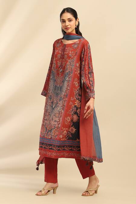 Ritu Kumar, Ri.Ritu Kumar, aarke Ritu Kumar Red Cotton, Rayon Embroidery Round Neck Damask Bloom Print Kurta Pant Set Online at Aza Fashions Ritu Kumar, Ri.Ritu Kumar, aarke Ritu Kumar_Red Cotton, Rayon Embroidery Round Neck Damask Bloom Print Kurta Pant Set_Online_at_Aza_Fashions