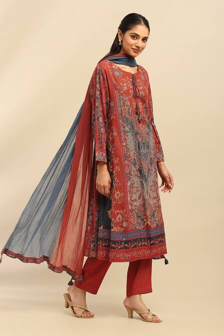 Buy Ritu Kumar, Ri.Ritu Kumar, aarke Ritu Kumar Red Cotton, Rayon Embroidery Round Neck Damask Bloom Print Kurta Pant Set Online at Aza Fashions Buy_Ritu Kumar, Ri.Ritu Kumar, aarke Ritu Kumar_Red Cotton, Rayon Embroidery Round Neck Damask Bloom Print Kurta Pant Set_Online_at_Aza_Fashions