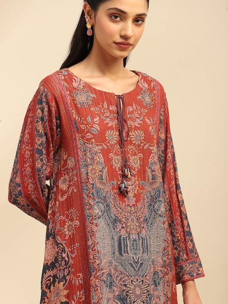 Shop Ritu Kumar, Ri.Ritu Kumar, aarke Ritu Kumar Red Cotton, Rayon Embroidery Round Neck Damask Bloom Print Kurta Pant Set Online at Aza Fashions Shop_Ritu Kumar, Ri.Ritu Kumar, aarke Ritu Kumar_Red Cotton, Rayon Embroidery Round Neck Damask Bloom Print Kurta Pant Set_Online_at_Aza_Fashions