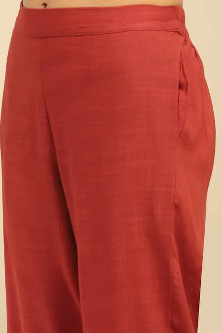 Ritu Kumar, Ri.Ritu Kumar, aarke Ritu Kumar Red Cotton, Rayon Embroidery Round Neck Damask Bloom Print Kurta Pant Set at Aza Fashions Ritu Kumar, Ri.Ritu Kumar, aarke Ritu Kumar_Red Cotton, Rayon Embroidery Round Neck Damask Bloom Print Kurta Pant Set_at_Aza_Fashions