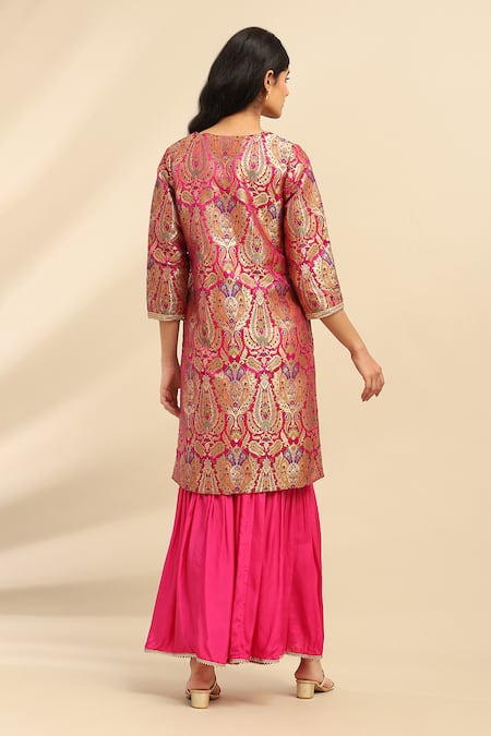 Shop Ritu Kumar, Ri.Ritu Kumar, aarke Ritu Kumar Pink Polyester, Brocade, Chiffon Lace Split Fuchsia Ambrosia Woven Kurta Set at Aza Fashions Shop_Ritu Kumar, Ri.Ritu Kumar, aarke Ritu Kumar_Pink Polyester, Brocade, Chiffon Lace Split Fuchsia Ambrosia Woven Kurta Set_at_Aza_Fashions
