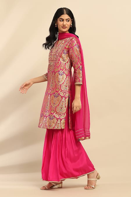 Ritu Kumar, Ri.Ritu Kumar, aarke Ritu Kumar Pink Polyester, Brocade, Chiffon Lace Split Fuchsia Ambrosia Woven Kurta Set Online at Aza Fashions Ritu Kumar, Ri.Ritu Kumar, aarke Ritu Kumar_Pink Polyester, Brocade, Chiffon Lace Split Fuchsia Ambrosia Woven Kurta Set_Online_at_Aza_Fashions