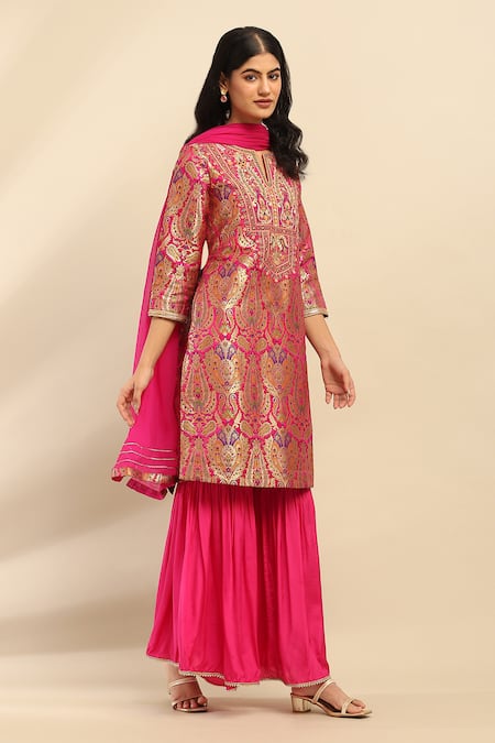 Buy Ritu Kumar, Ri.Ritu Kumar, aarke Ritu Kumar Pink Polyester, Brocade, Chiffon Lace Split Fuchsia Ambrosia Woven Kurta Set Online at Aza Fashions Buy_Ritu Kumar, Ri.Ritu Kumar, aarke Ritu Kumar_Pink Polyester, Brocade, Chiffon Lace Split Fuchsia Ambrosia Woven Kurta Set_Online_at_Aza_Fashions
