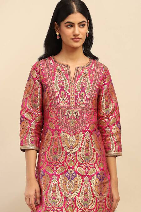 Buy Ritu Kumar, Ri.Ritu Kumar, aarke Ritu Kumar Pink Polyester, Brocade, Chiffon Lace Split Fuchsia Ambrosia Woven Kurta Set Buy_Ritu Kumar, Ri.Ritu Kumar, aarke Ritu Kumar_Pink Polyester, Brocade, Chiffon Lace Split Fuchsia Ambrosia Woven Kurta Set
