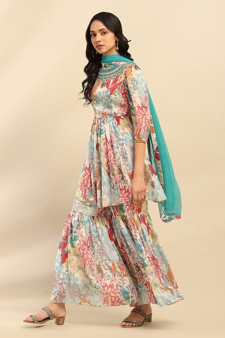 Ritu Kumar, Ri.Ritu Kumar, aarke Ritu Kumar_Cream Polyester Embroidery Round Neck Botanic Blossom Print Kurta Sharara Set_Online_at_Aza_Fashions