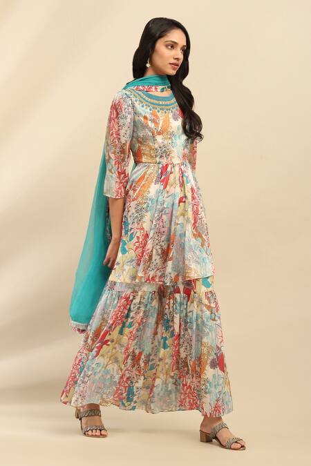 Buy_Ritu Kumar, Ri.Ritu Kumar, aarke Ritu Kumar_Cream Polyester Embroidery Round Neck Botanic Blossom Print Kurta Sharara Set_Online_at_Aza_Fashions