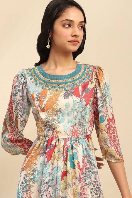 Shop_Ritu Kumar, Ri.Ritu Kumar, aarke Ritu Kumar_Cream Polyester Embroidery Round Neck Botanic Blossom Print Kurta Sharara Set_Online_at_Aza_Fashions