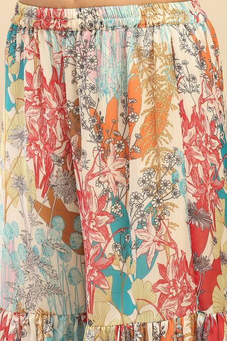 Ritu Kumar, Ri.Ritu Kumar, aarke Ritu Kumar_Cream Polyester Embroidery Round Neck Botanic Blossom Print Kurta Sharara Set_at_Aza_Fashions