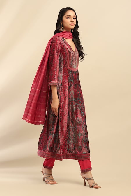 Ritu Kumar, Ri.Ritu Kumar, aarke Ritu Kumar_Pink Cotton, Polyester Embroidery, Glitter Deep Ornate Paisley Anarkali Set_Online_at_Aza_Fashions