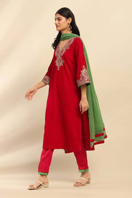 Ritu Kumar, Ri.Ritu Kumar, aarke Ritu Kumar_Pink Polyester, Cotton Embroidery V-neck Flora Vine Kurta Set_Online_at_Aza_Fashions