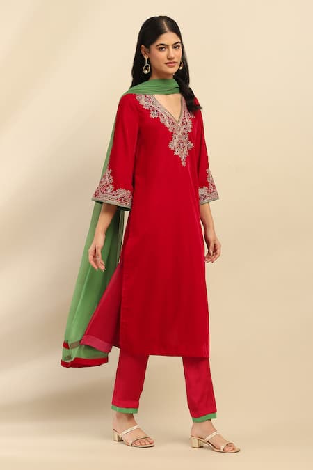 Buy_Ritu Kumar, Ri.Ritu Kumar, aarke Ritu Kumar_Pink Polyester, Cotton Embroidery V-neck Flora Vine Kurta Set_Online_at_Aza_Fashions