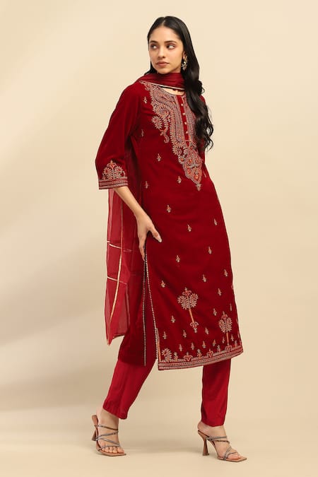 Buy_Ritu Kumar, Ri.Ritu Kumar, aarke Ritu Kumar_Maroon Polyester, Cotton, Nylon Embroidery Round Neck Paisley Bloom Kurta Set_Online_at_Aza_Fashions