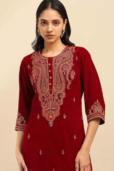Shop_Ritu Kumar, Ri.Ritu Kumar, aarke Ritu Kumar_Maroon Polyester, Cotton, Nylon Embroidery Round Neck Paisley Bloom Kurta Set_Online_at_Aza_Fashions