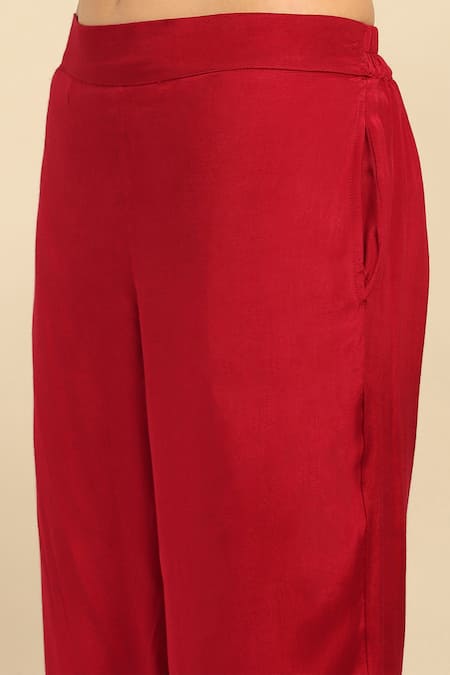 Ritu Kumar, Ri.Ritu Kumar, aarke Ritu Kumar_Maroon Polyester, Cotton, Nylon Embroidery Round Neck Paisley Bloom Kurta Set_at_Aza_Fashions