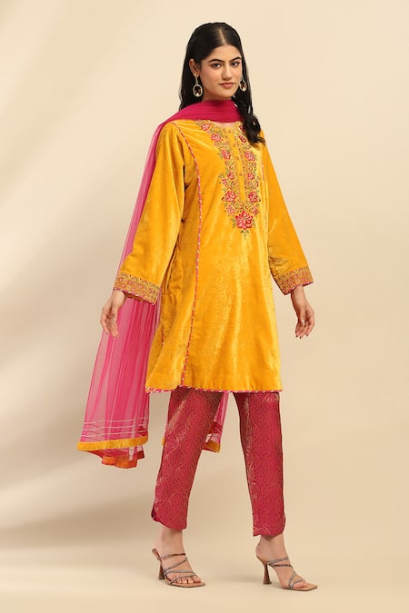 Buy Ritu Kumar, Ri.Ritu Kumar, aarke Ritu Kumar Yellow Polyester Embroidery, Gota Patti Round Neck Floret Kurta Pant Set Online at Aza Fashions Buy_Ritu Kumar, Ri.Ritu Kumar, aarke Ritu Kumar_Yellow Polyester Embroidery, Gota Patti Round Neck Floret Kurta Pant Set_Online_at_Aza_Fashions