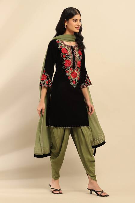 Buy_Ritu Kumar, Ri.Ritu Kumar, aarke Ritu Kumar_Black Polyester Embroidery, Gota Patti Round Neck Mughal Flora Kurta Set_Online_at_Aza_Fashions