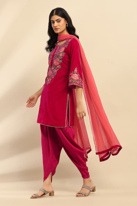 Ritu Kumar, Ri.Ritu Kumar, aarke Ritu Kumar_Pink Polyester Embroidery, Gota Patti Round Neck Mughal Bloom Kurta Set_Online_at_Aza_Fashions