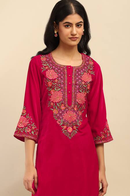 Buy_Ritu Kumar, Ri.Ritu Kumar, aarke Ritu Kumar_Pink Polyester Embroidery, Gota Patti Round Neck Mughal Bloom Kurta Set
