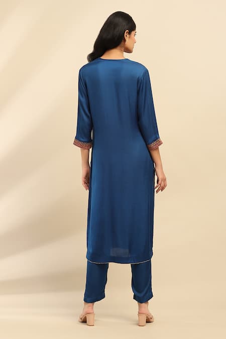 Shop Ritu Kumar, Ri.Ritu Kumar, aarke Ritu Kumar Blue Polyester, Chiffon Embroidery, Gota Patti Split Tribal Vine Kurta Set at Aza Fashions Shop_Ritu Kumar, Ri.Ritu Kumar, aarke Ritu Kumar_Blue Polyester, Chiffon Embroidery, Gota Patti Split Tribal Vine Kurta Set_at_Aza_Fashions