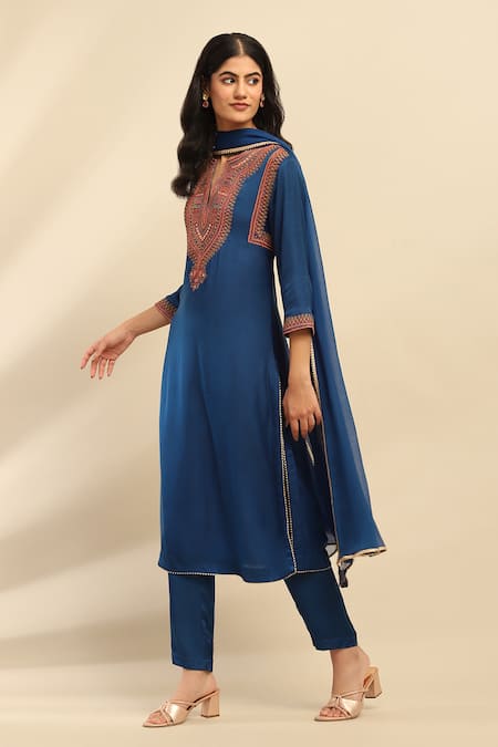 Ritu Kumar, Ri.Ritu Kumar, aarke Ritu Kumar Blue Polyester, Chiffon Embroidery, Gota Patti Split Tribal Vine Kurta Set Online at Aza Fashions Ritu Kumar, Ri.Ritu Kumar, aarke Ritu Kumar_Blue Polyester, Chiffon Embroidery, Gota Patti Split Tribal Vine Kurta Set_Online_at_Aza_Fashions