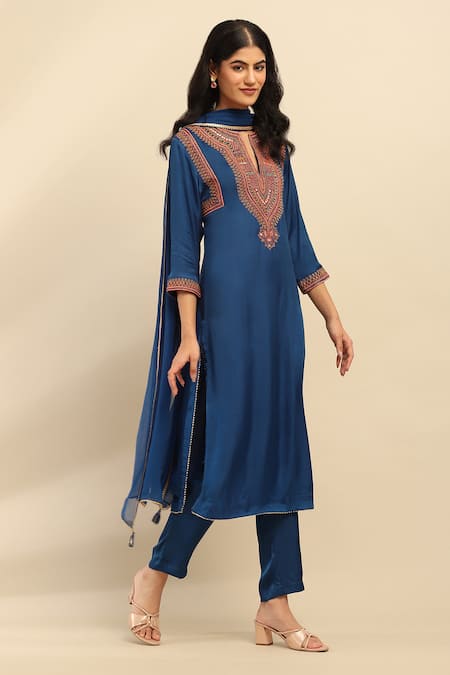 Buy Ritu Kumar, Ri.Ritu Kumar, aarke Ritu Kumar Blue Polyester, Chiffon Embroidery, Gota Patti Split Tribal Vine Kurta Set Online at Aza Fashions Buy_Ritu Kumar, Ri.Ritu Kumar, aarke Ritu Kumar_Blue Polyester, Chiffon Embroidery, Gota Patti Split Tribal Vine Kurta Set_Online_at_Aza_Fashions