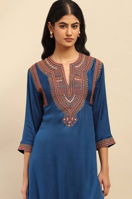 Buy Ritu Kumar, Ri.Ritu Kumar, aarke Ritu Kumar Blue Polyester, Chiffon Embroidery, Gota Patti Split Tribal Vine Kurta Set Buy_Ritu Kumar, Ri.Ritu Kumar, aarke Ritu Kumar_Blue Polyester, Chiffon Embroidery, Gota Patti Split Tribal Vine Kurta Set