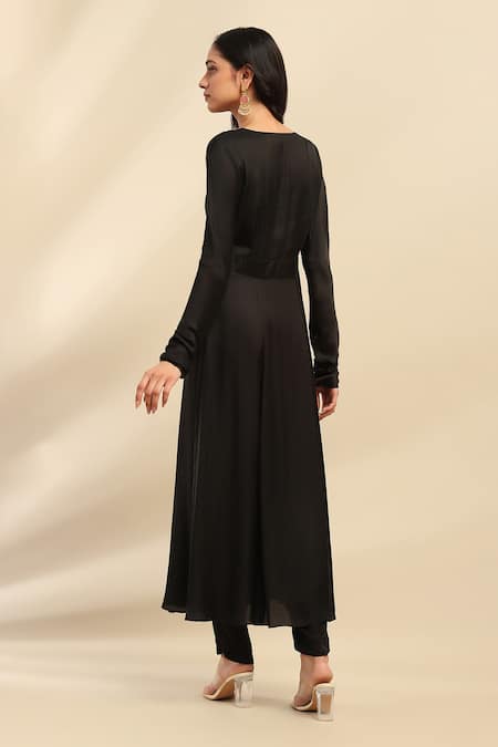 Shop Ritu Kumar, Ri.Ritu Kumar, aarke Ritu Kumar Black Polyester, Chanderi, Viscose Embroidery V-neck Ornate Fiore Anarkali Set at Aza Fashions Shop_Ritu Kumar, Ri.Ritu Kumar, aarke Ritu Kumar_Black Polyester, Chanderi, Viscose Embroidery V-neck Ornate Fiore Anarkali Set_at_Aza_Fashions