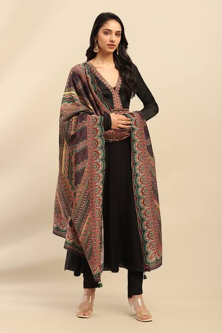 Shop Ritu Kumar, Ri.Ritu Kumar, aarke Ritu Kumar Black Polyester, Chanderi, Viscose Embroidery V-neck Ornate Fiore Anarkali Set Online at Aza Fashions Shop_Ritu Kumar, Ri.Ritu Kumar, aarke Ritu Kumar_Black Polyester, Chanderi, Viscose Embroidery V-neck Ornate Fiore Anarkali Set_Online_at_Aza_Fashions
