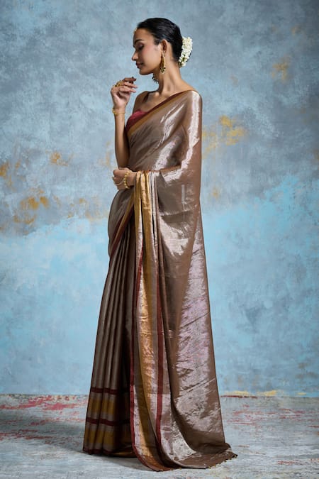 Dressfolk_Silver Handloom Cotton Metallic Thread, Handwoven Saree With Running Blouse_Online_at_Aza_Fashions