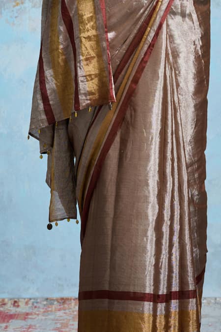Shop_Dressfolk_Silver Handloom Cotton Metallic Thread, Handwoven Saree With Running Blouse_Online_at_Aza_Fashions