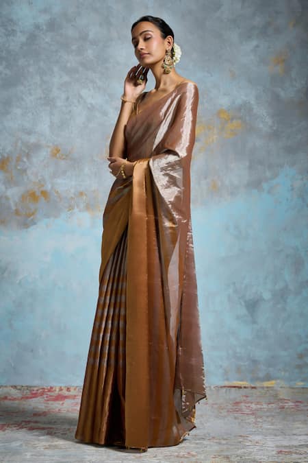 Dressfolk_Gold Handloom Cotton Beads, Metallic Thread Two-tone Saree With Running Blouse_Online_at_Aza_Fashions