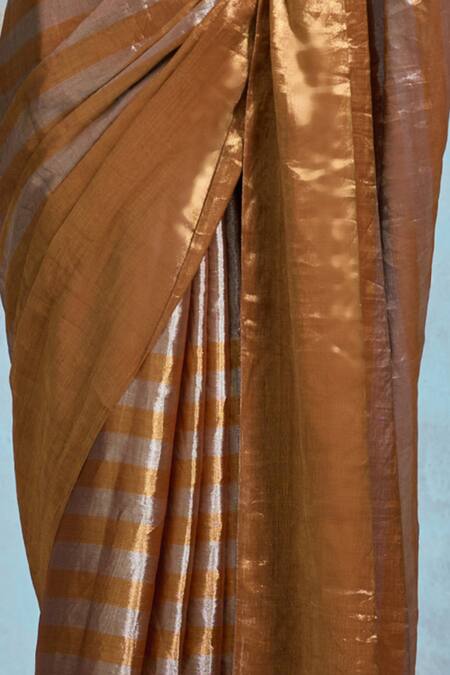 Shop_Dressfolk_Gold Handloom Cotton Beads, Metallic Thread Two-tone Saree With Running Blouse_Online_at_Aza_Fashions