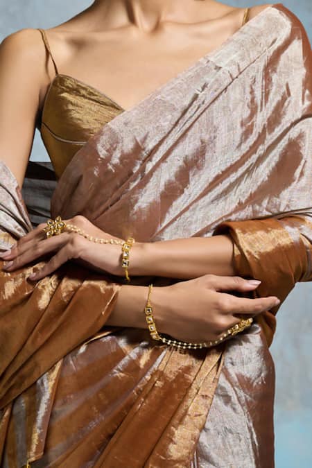 Dressfolk_Gold Handloom Cotton Beads, Metallic Thread Two-tone Saree With Running Blouse_at_Aza_Fashions